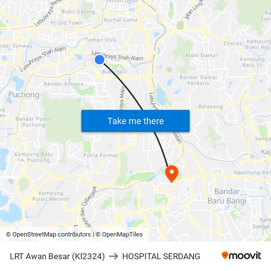 LRT Awan Besar (Kl2324) to HOSPITAL SERDANG map