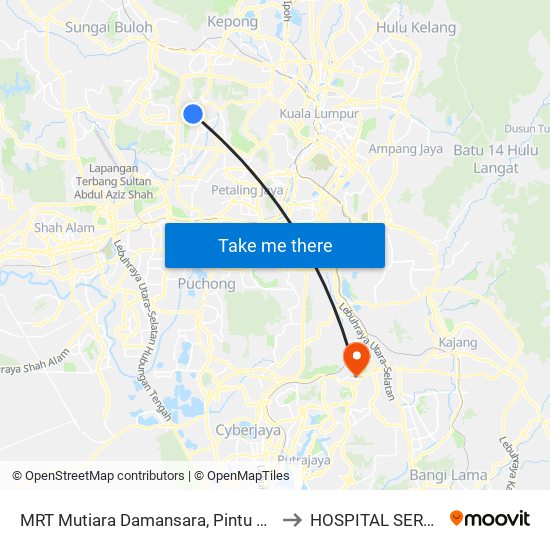 MRT Mutiara Damansara, Pintu C (Pj814) to HOSPITAL SERDANG map