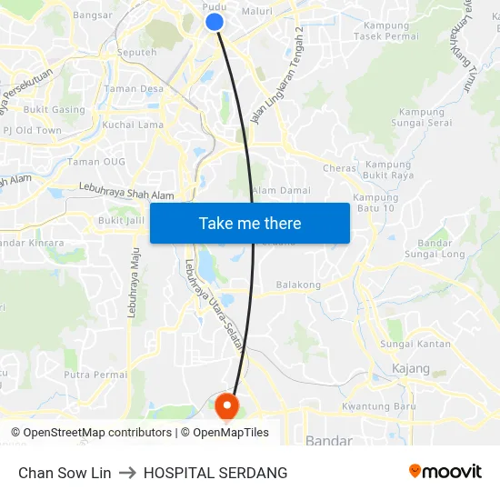 Chan Sow Lin to HOSPITAL SERDANG map