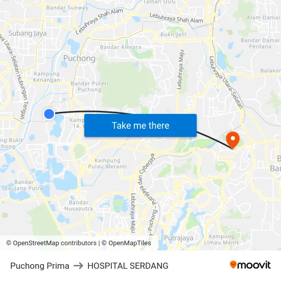 Puchong Prima to HOSPITAL SERDANG map
