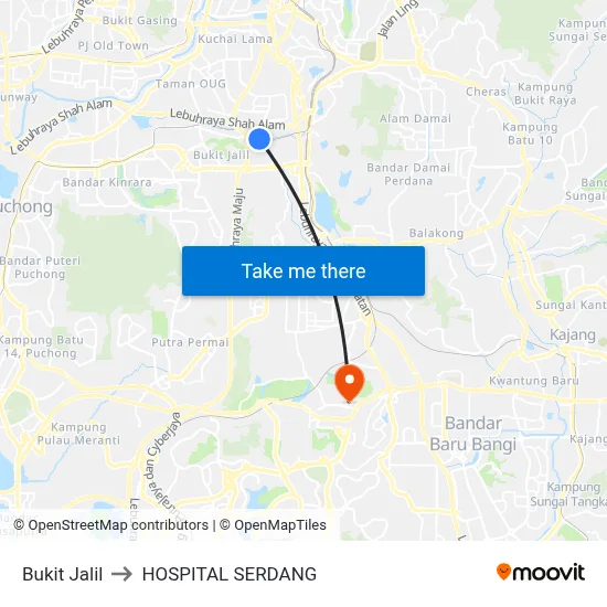 Bukit Jalil to HOSPITAL SERDANG map