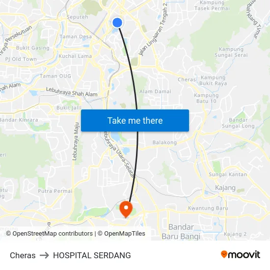 Cheras to HOSPITAL SERDANG map