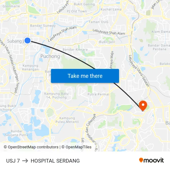 USJ 7 to HOSPITAL SERDANG map
