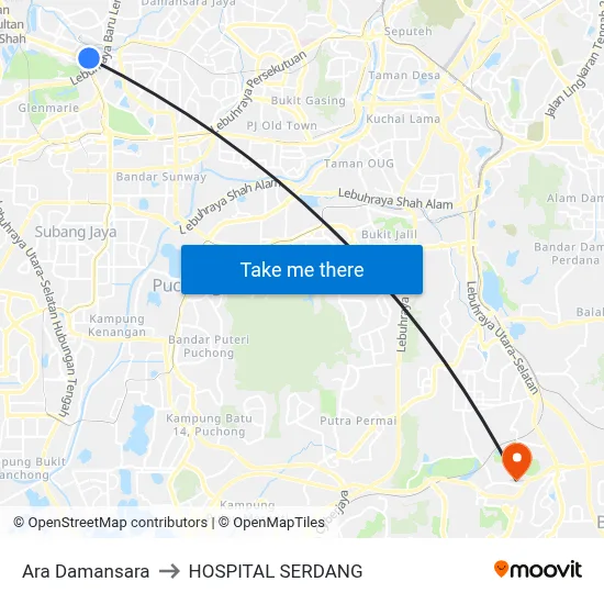 Ara Damansara to HOSPITAL SERDANG map