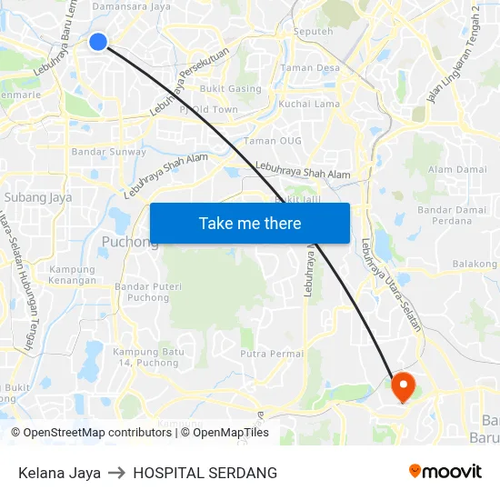 Kelana Jaya to HOSPITAL SERDANG map