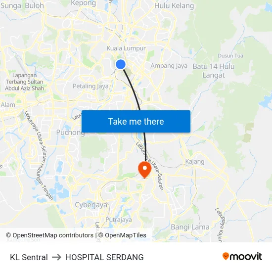 KL Sentral to HOSPITAL SERDANG map