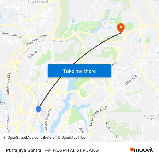 Putrajaya Sentral to HOSPITAL SERDANG map