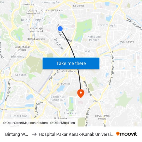 Bintang Walk (Kl85) to Hospital Pakar Kanak-Kanak Universiti Kebangsaan Malaysia map