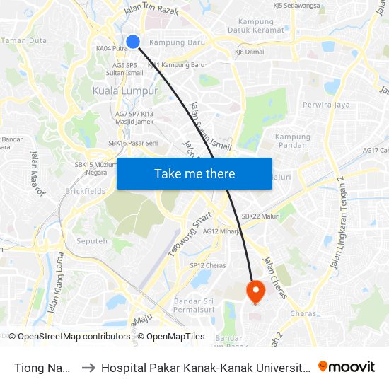 Tiong Nam (Kl42) to Hospital Pakar Kanak-Kanak Universiti Kebangsaan Malaysia map