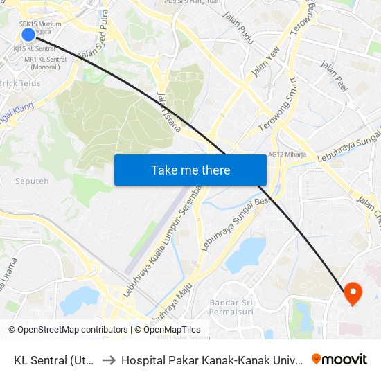 KL Sentral (Utara) (Kl1077) to Hospital Pakar Kanak-Kanak Universiti Kebangsaan Malaysia map