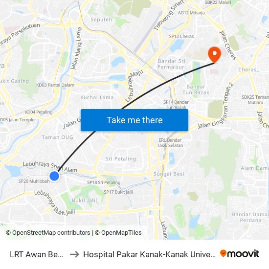 LRT Awan Besar (Kl2324) to Hospital Pakar Kanak-Kanak Universiti Kebangsaan Malaysia map