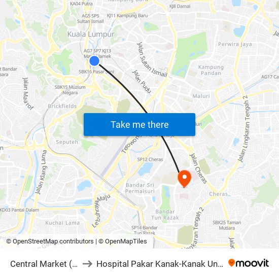Central Market (Selatan) (Kl109) to Hospital Pakar Kanak-Kanak Universiti Kebangsaan Malaysia map