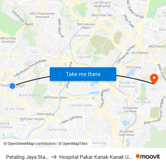 Petaling Jaya State (Utara) (Pj433) to Hospital Pakar Kanak-Kanak Universiti Kebangsaan Malaysia map
