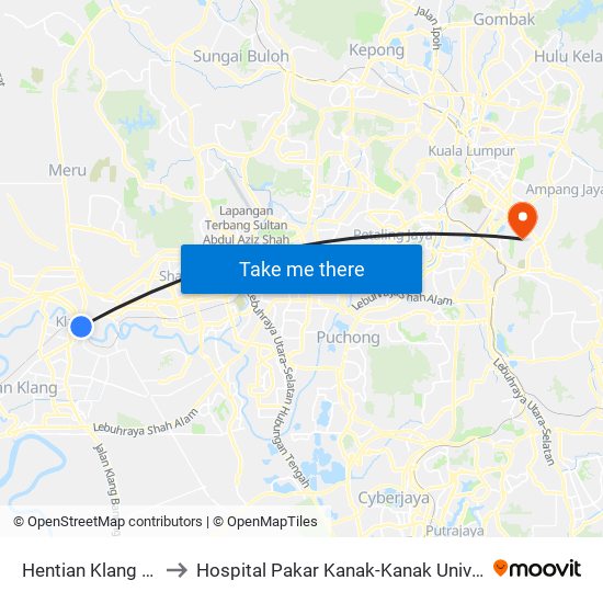 Hentian Klang (Bsn) (Bd580) to Hospital Pakar Kanak-Kanak Universiti Kebangsaan Malaysia map