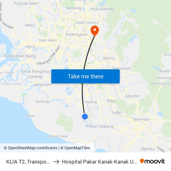 KLIA T2, Transportation Hub Level 1 to Hospital Pakar Kanak-Kanak Universiti Kebangsaan Malaysia map