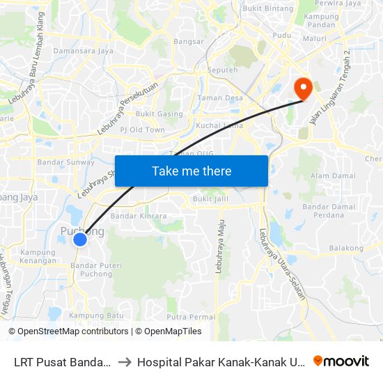 LRT Pusat Bandar Puchong (Sj735) to Hospital Pakar Kanak-Kanak Universiti Kebangsaan Malaysia map