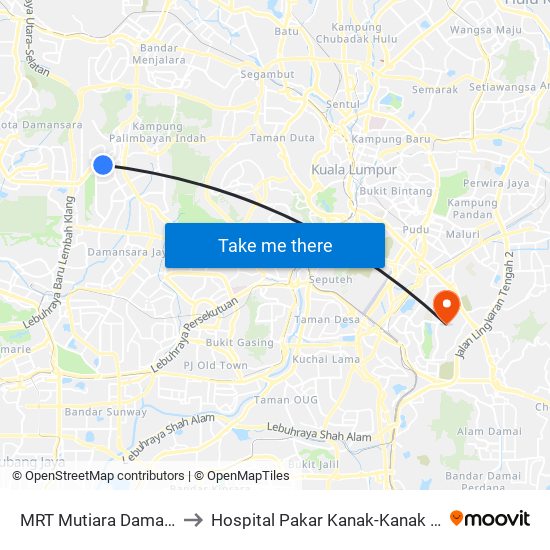 MRT Mutiara Damansara, Pintu B (Pj809) to Hospital Pakar Kanak-Kanak Universiti Kebangsaan Malaysia map