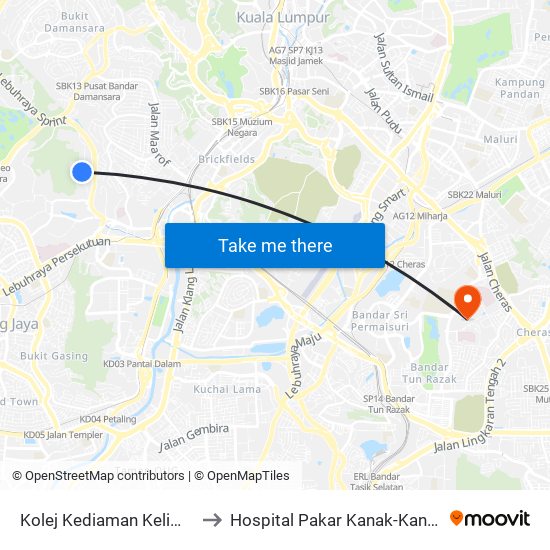 Kolej Kediaman Kelima, Universiti Malaya (Kl2343) to Hospital Pakar Kanak-Kanak Universiti Kebangsaan Malaysia map