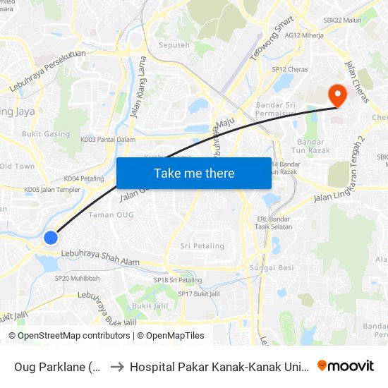 Oug Parklane (Barat) (Kl1343) to Hospital Pakar Kanak-Kanak Universiti Kebangsaan Malaysia map