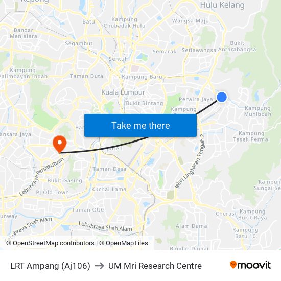 LRT Ampang (Aj106) to UM Mri Research Centre map