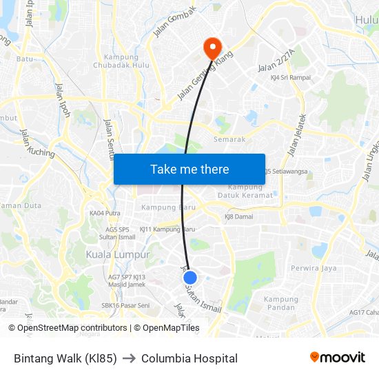 Bintang Walk (Kl85) to Columbia Hospital map