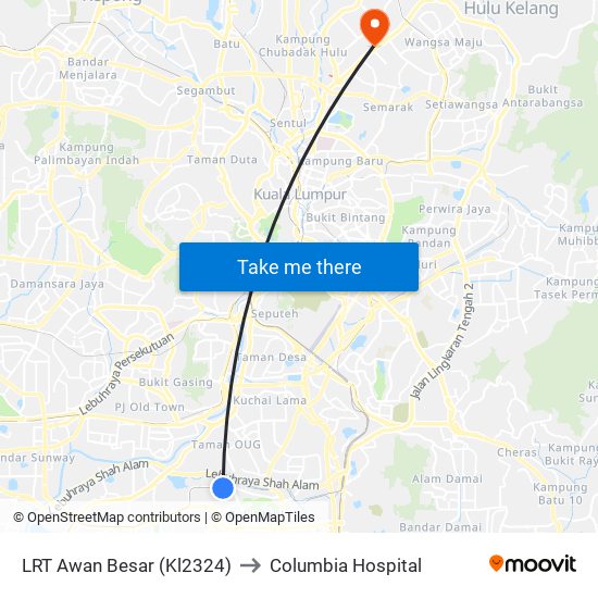 LRT Awan Besar (Kl2324) to Columbia Hospital map