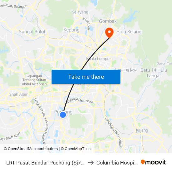 LRT Pusat Bandar Puchong (Sj735) to Columbia Hospital map