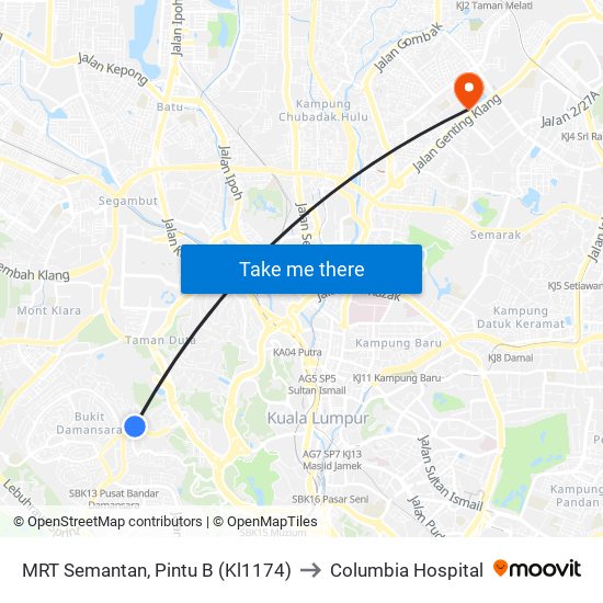 MRT Semantan, Pintu B (Kl1174) to Columbia Hospital map