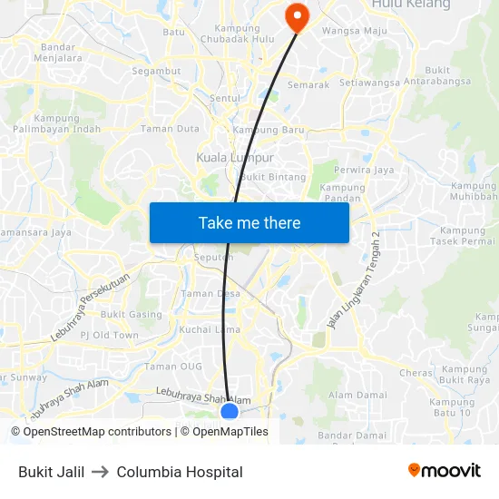 Bukit Jalil to Columbia Hospital map