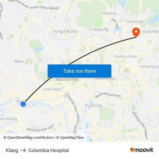 Klang to Columbia Hospital map