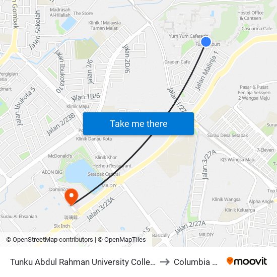 Tunku Abdul Rahman University College (Taruc) (Kl162) to Columbia Hospital map
