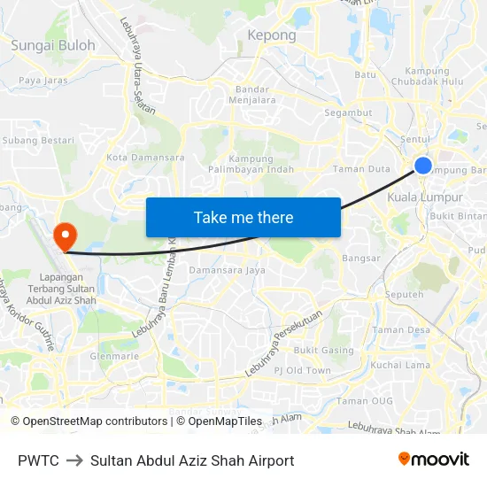 PWTC to Sultan Abdul Aziz Shah Airport map