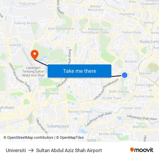Universiti to Sultan Abdul Aziz Shah Airport map
