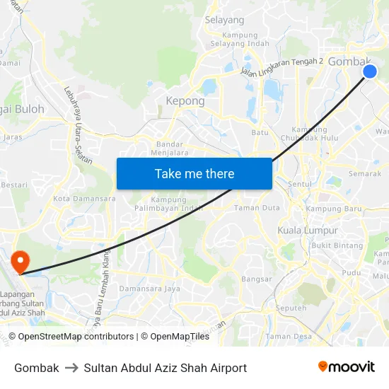 Gombak to Sultan Abdul Aziz Shah Airport map