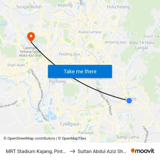 MRT Stadium Kajang, Pintu A (Kj822) to Sultan Abdul Aziz Shah Airport map