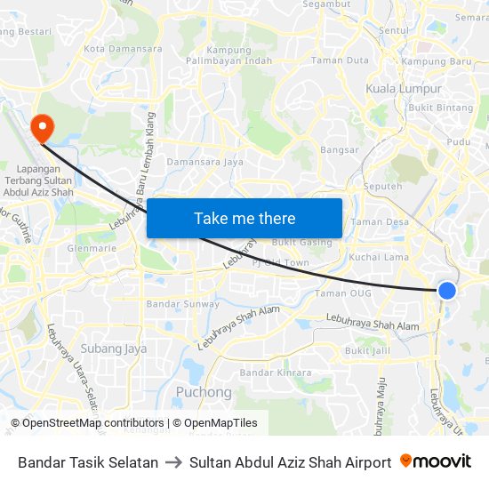 Bandar Tasik Selatan to Sultan Abdul Aziz Shah Airport map