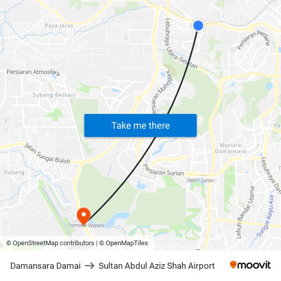 Damansara Damai to Sultan Abdul Aziz Shah Airport map