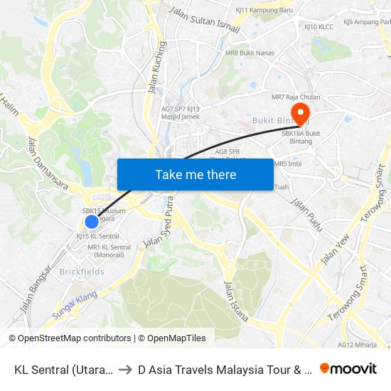 KL Sentral (Utara) (Kl1077) to D Asia Travels Malaysia Tour & Ticketing Agency map