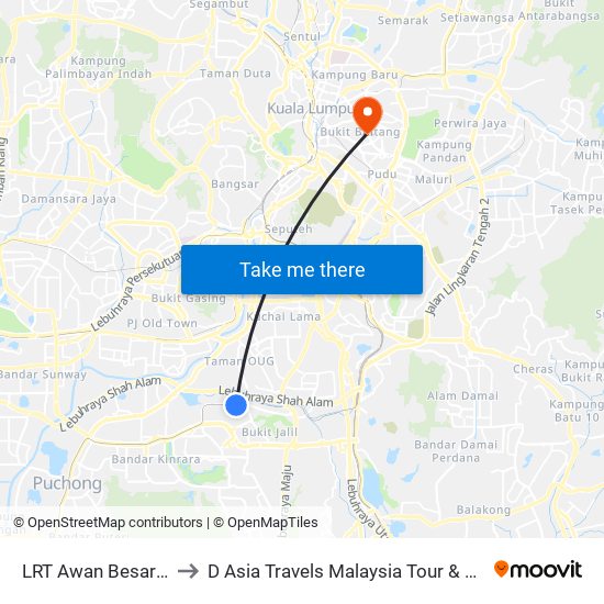 LRT Awan Besar (Kl2324) to D Asia Travels Malaysia Tour & Ticketing Agency map