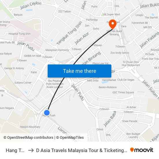 Hang Tuah to D Asia Travels Malaysia Tour & Ticketing Agency map