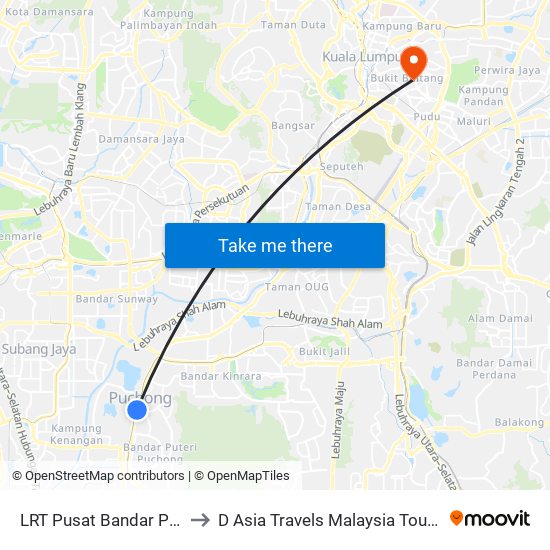 LRT Pusat Bandar Puchong (Sj735) to D Asia Travels Malaysia Tour & Ticketing Agency map