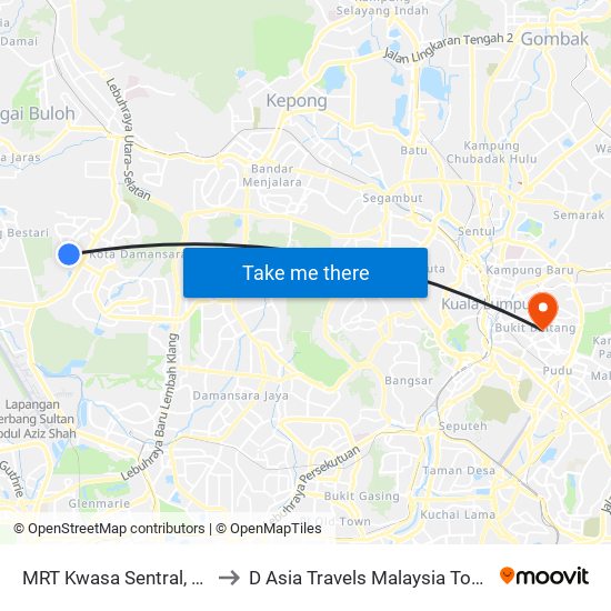 MRT Kwasa Sentral, Pintu A (Sa1020) to D Asia Travels Malaysia Tour & Ticketing Agency map