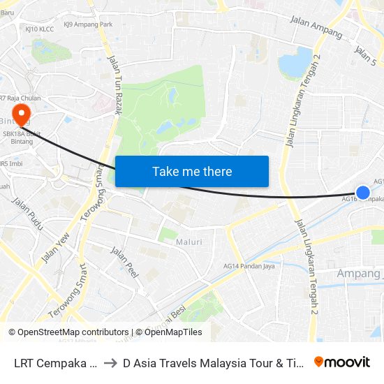 LRT Cempaka (Aj219) to D Asia Travels Malaysia Tour & Ticketing Agency map