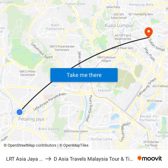 LRT Asia Jaya (Pj436) to D Asia Travels Malaysia Tour & Ticketing Agency map