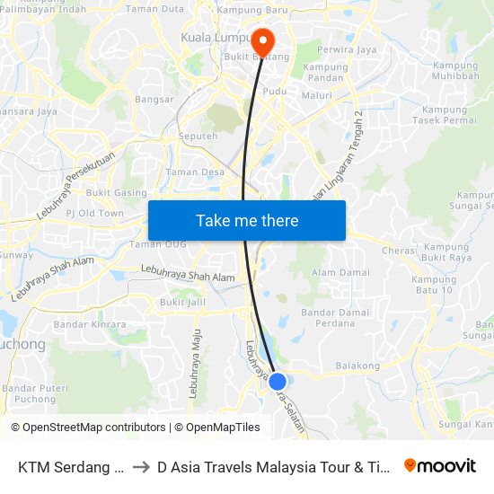 KTM Serdang (Sj596) to D Asia Travels Malaysia Tour & Ticketing Agency map