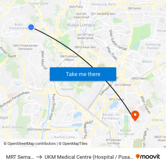 MRT Semantan, Pintu B (Kl1174) to UKM Medical Centre (Hospital / Pusat Perubatan Universiti Kebangsaan Malaysia / UKM Medical Centre map