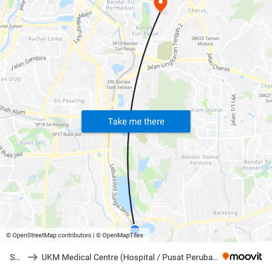 Serdang to UKM Medical Centre (Hospital / Pusat Perubatan Universiti Kebangsaan Malaysia / UKM Medical Centre map