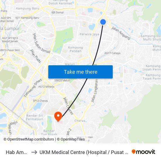 Hab Ampang Point (Aj108) to UKM Medical Centre (Hospital / Pusat Perubatan Universiti Kebangsaan Malaysia / UKM Medical Centre map