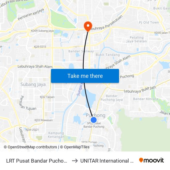 LRT Pusat Bandar Puchong (Sj735) to UNITAR International University map