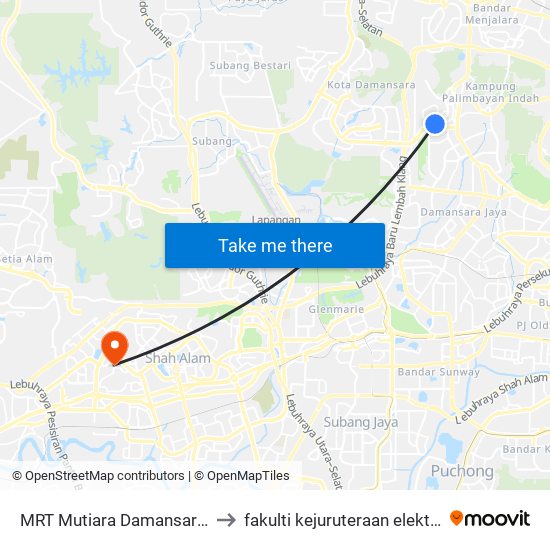 MRT Mutiara Damansara, Pintu C (Pj814) to fakulti kejuruteraan elektrik uitm shah alam map